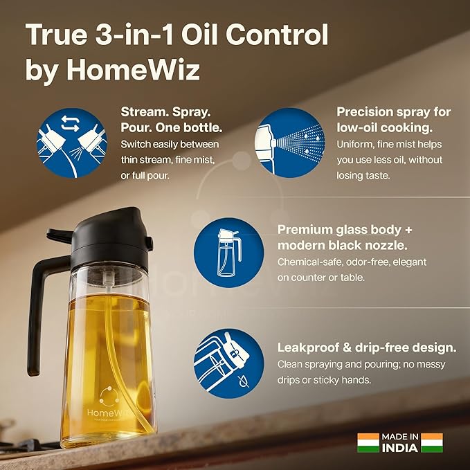 HomeWiz Oil Dispenser For Kitchen Glass Bottle 500 ml | 3-in-1 Mode Oil Sprayer, Cooking, Salad & BBQ | Stream, Spray & Pour Mist | Precision Refillable Bottle for Olive & Vinegar | Leakproof | Black